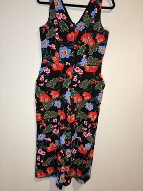 Ann Taylor Black Floral V-Neck Wide-Leg Jumpsuit with Bright Blooms
